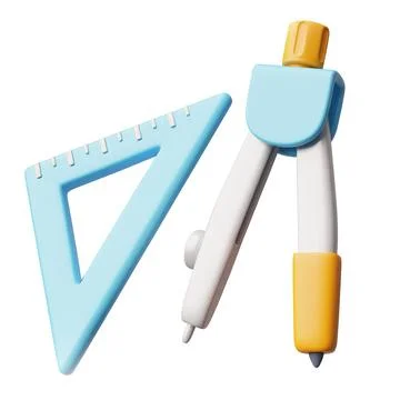 3D plastic tool set with triangle ruler and compass, in blue and orange colors. Ilustração Stock