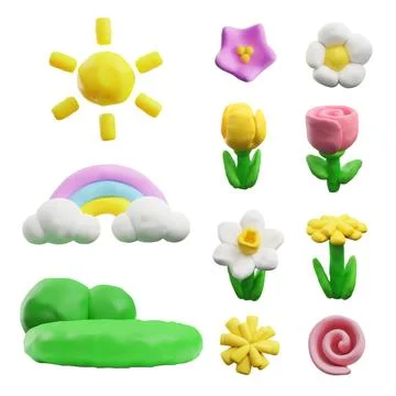 3D plasticine spring flowers, sun rainbow and lawn, vector blossom floral design Stock Illustration