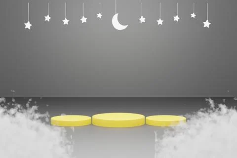 3d Platform and cloud with black background star and crescent white color. eid Stock Illustration