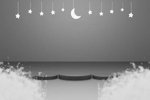 3d Platform and cloud with black background star and crescent white color. eid Stock Illustration