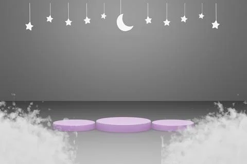3d Platform and cloud with black background star and crescent white color. eid Stock Illustration