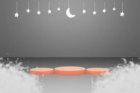 3d Platform and cloud with black background star and crescent white color. eid Stock Illustration