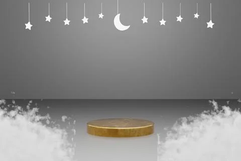 3d Platform and cloud with black background star and crescent white color. eid Stock Illustration