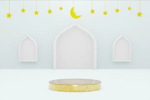 3d Platform with blue background star and crescent gold color , ramadan kareem Illustrazione stock