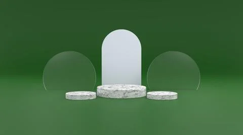 3d Platform marble and circle glass in green background 3d illustration render Stock Illustration