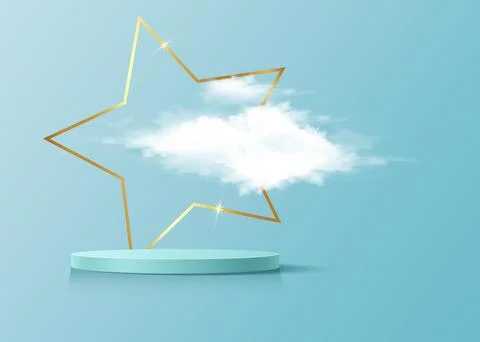 3d platform studio display minimal scene, gold star frame and fluffy cloud Stock Illustration