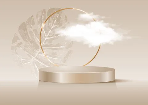 3d platform studio display minimal scene, gold round frame and fluffy cloud イラスト素材