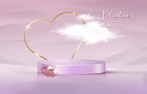 3d platform studio display Valentines Day, gold heart frame and fluffy cloud Stock Illustration