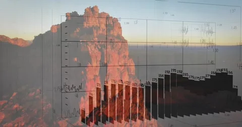 3D plotting grid fading in over cliff, projecting waveform and bars advancing Stock Footage 322221191