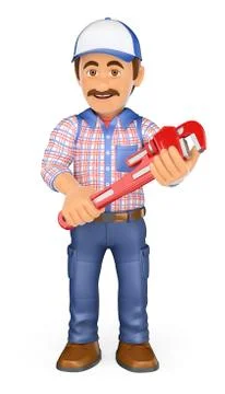 3D Plumber with a pipe wrench Stock Illustration