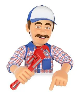 3D Plumber with a pipe wrench pointing down. Blank space Stock Illustration