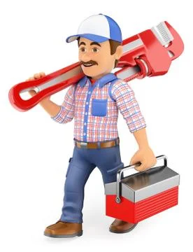 3D Plumber walking with a pipe wrench and toolbox Stock Illustration