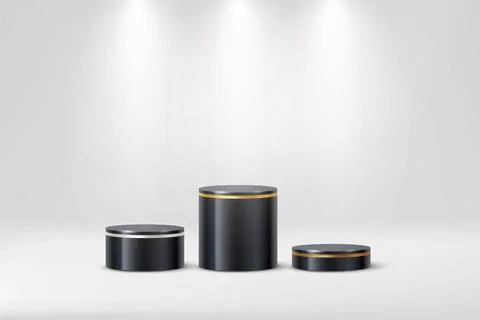 3d podium black platform cylinders with gold, silver and bronze line borders on Stock Illustration