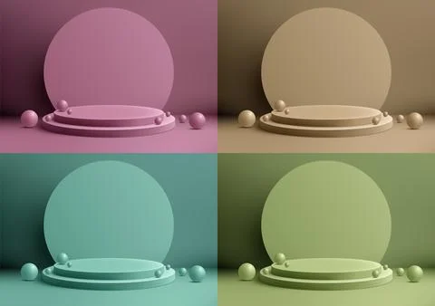3D podium with circle backdrop and many balls elements on a background, mod.. Illustrazione stock