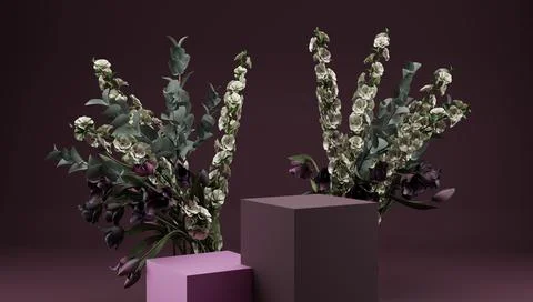 3d podium for cosmetics demonstration. The square stage is white with pink Stock Illustration