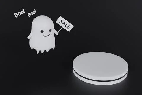 3D Podium with cute ghost holding sale sign against black background. Minimal Stock Illustration