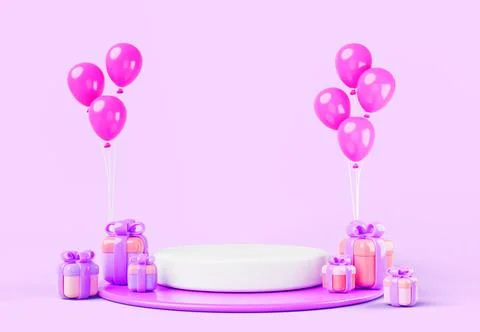 3d podium display with gift boxes and balloons on pink background. Discount sale Illustrazione stock