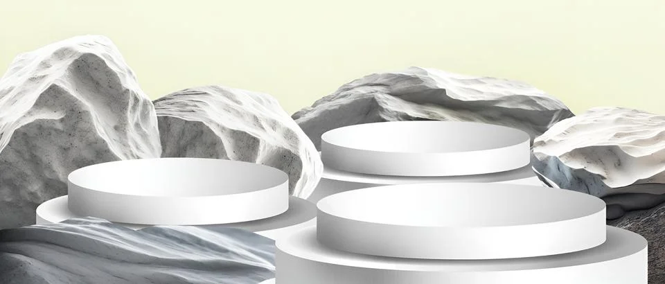 3D Podium Geometric shape spherical stone platform for cosmetics on yellow Stock Illustration