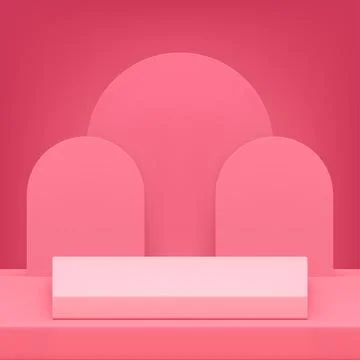 3d podium pedestal rectangle pink stand with semi circle wall background real Stock Illustration
