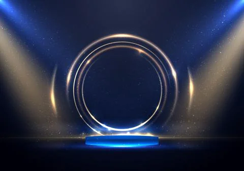 3D podium platform golden ring circles lighting effect backdrop with spotligh Stock Illustration