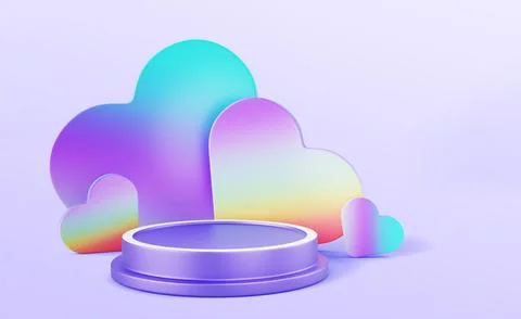 3d podium with rainbow hearts shape decor on purple background render. Valentine Illustrazione stock