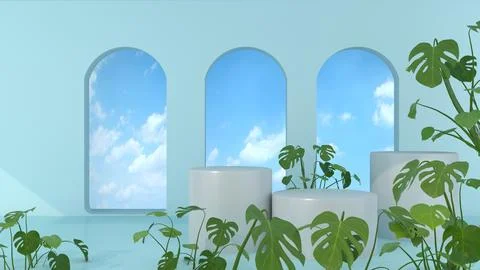 3D podium render with white display and blue sky on arch wall background. Stock-Illustration