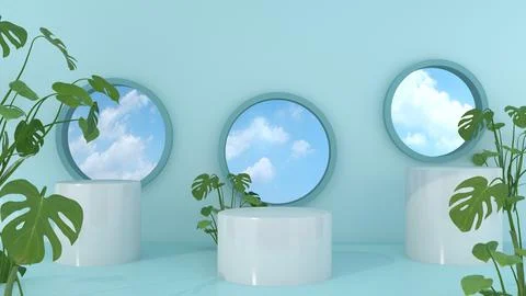 3D podium render with white display and blue sky on circle background. Illustrazione stock
