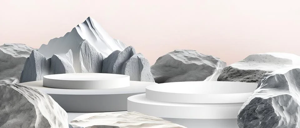 3D Podium spherical stone platform for presenting packaging and cosmetics on red Stock Illustration