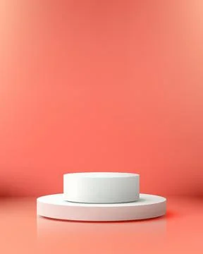 3d podium with two white cylindrical pedestals on a reflective coral pink b.. Stock Illustration