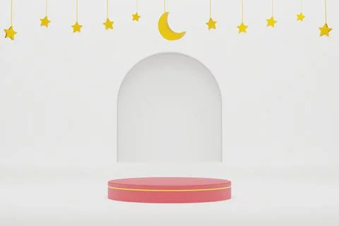 3d podium in white islamic background with stars and crescent gold color 3d 스톡 일러스트