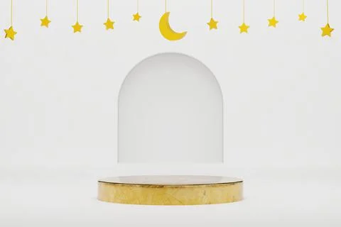 3d podium in white islamic background with stars and crescent gold color 3d 스톡 일러스트