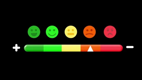 A 3D pointer indicator moving across a multi-colored customer satisfaction scale Stock Footage 336475034
