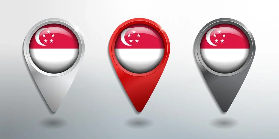 3D Pointer, Tag and Location Marker with Round Flag Nation of Singapore Stock Illustration
