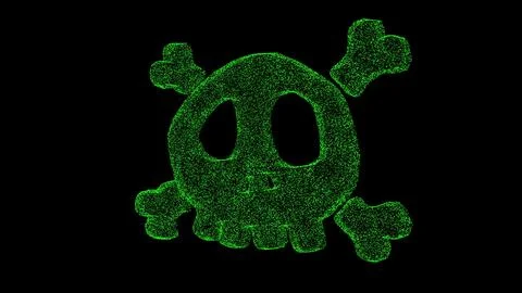 3D poison skull bones on black bg. Object dissolved green flickering partic.. Stock Illustration