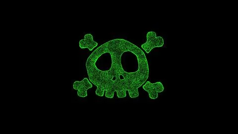 3D poison skull bones on black bg. Object dissolved green flickering partic.. Illustrazione stock