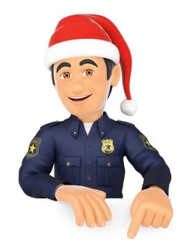 3D Policeman pointing down with a Santa Claus hat. Blank space Stock Illustration