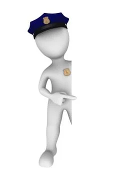 3d policeman pointing finger to empty board. 3d illustration. Stock Illustration