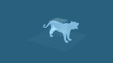 3D Polygon Tiger Sculpture in Virtual Space on Grid Background Stock Footage 342245242