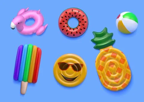 3D pool elements. Rubber swimming rings. Summer beach. Swim float tube. Infla Stock Illustration