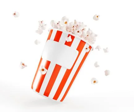 3d popcorn bucket icon with empty label. Realistic render of red and white Stock Illustration