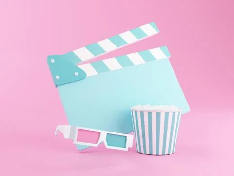 3d Popcorn, clapperboard and 3d glasses. Illustrazione stock