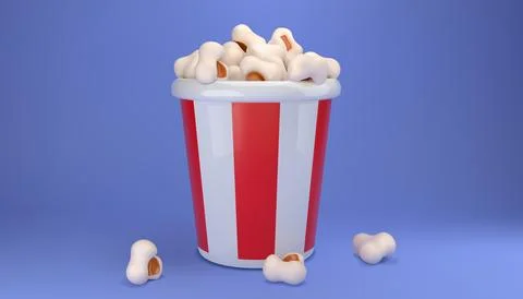 3d popcorn. Pop corn red and white striped bucket, cinema movie box, theate.. Stock Illustration
