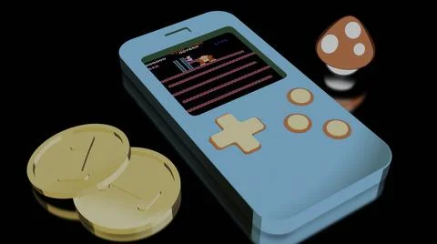 3D portable retro console. Design. Retro animation with prefix and coins on Stock Illustration
