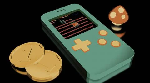 3D portable retro console. Design. Retro animation with prefix and coins on Stock Illustration
