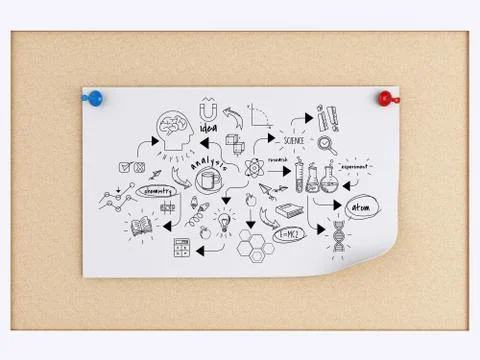 3d Post-it notes with chemestry sketch over cork board Illustrazione stock