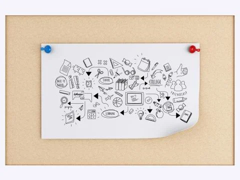 3d Post-it notes with education sketch over cork board Illustrazione stock