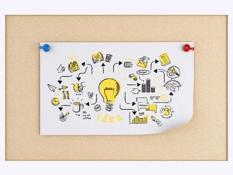 3d Post-it notes with idea sketch over cork board Illustrazione stock