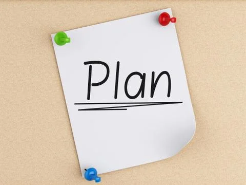 3d post-it notes with pushpin over cork. Business concept Illustrazione stock