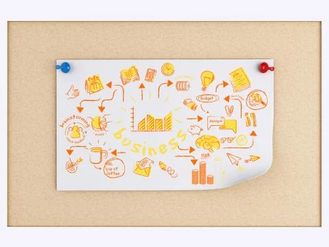 3d post-it notes wth business sketch over cork board. Illustrazione stock
