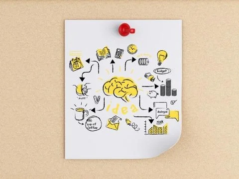 3d post-it notes wth business sketch over cork board. Illustrazione stock